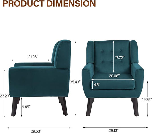 Lumibee Accent Chairs Set of 2, Velevet Fabric Armchairs for Living Room, Comfy Upholstered Arm Chairs Tufted for Indoor Bedroom Office Room (Blue Velvet)