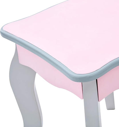 Teamson Kids Princess Rapunzel Wooden 2-pc. Play Vanity Set with Three Storage Drawers, Rotating Oval Mirror and Matching Stool to Play Dress-Up, Princess or Beauty Salon, Pink and Gray