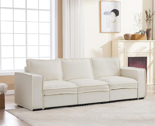 EALSON 93 Inch Modular Sectional Sofa Modern Comfy 3-Seater Couch Sofa Linen Fabric Upholstered Cloud Couches with 24" Deep Seat and Wooden Legs for Bedroom/Living Room/Office, White