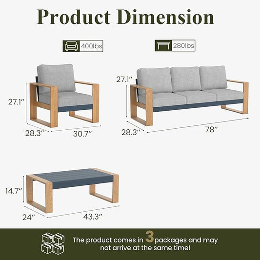 LayinSun 4 Pieces Aluminum Patio Furniture Set with Coffee Table, Oversized Seat with Hight Back, Outdoor Conversation Sets for Porch, Balcony, Deck