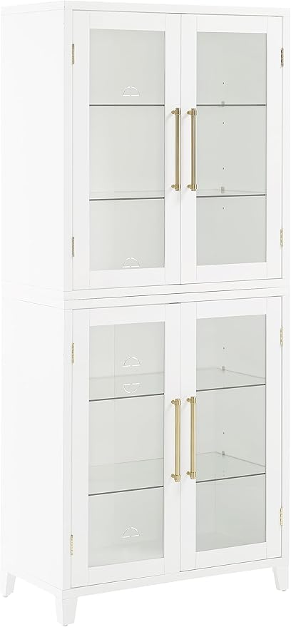 Crosley Furniture Roarke Glass Door Kitchen Pantry Storage Cabinet with Doors and Shelves, Living Room, White