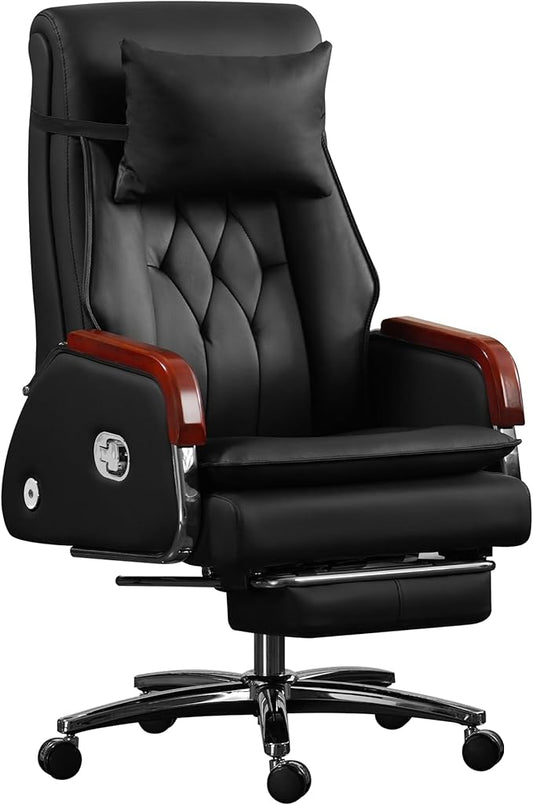 Kinnls Cameron Massage Chair Genuine Leather Executive Office Chair for Long Hours Ergonomic Home Chair Fully Reclining with Pillow,Retractable Footrest and Adjustable Headrest (Cowhide Leather-Black)
