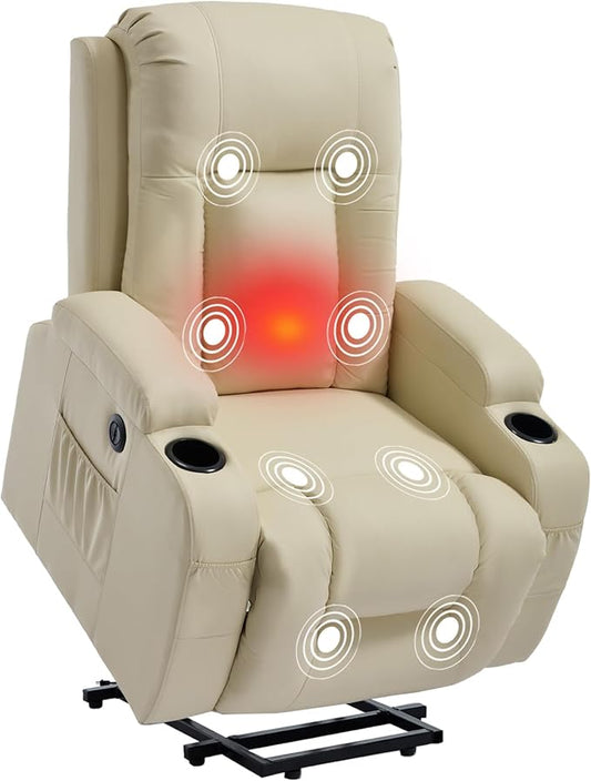 PELUMY Manual Lift Recliner Chair for Elderly with Massage & Heat, Oversized Heavy Duty 350 lbs Recliner with Cup Holders & USB Ports, Infinite Positioning Lift Chair (Breathable Leather, Beige)