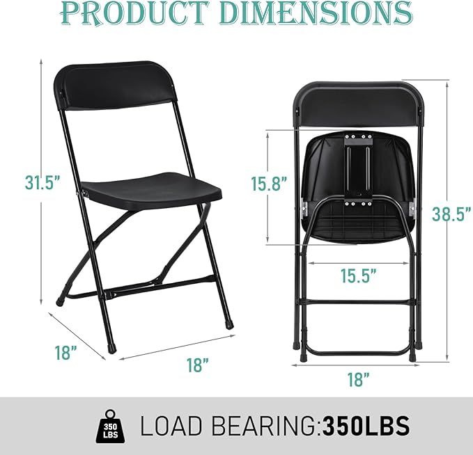 70 Pack Plastic Black Folding Chairs, Portable Stackable Commercial Party Folding Chairs with Steel Frame 350lbs for Home Office Outdoor Indoor Office Wedding Party Event