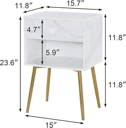 VECELO Nightstands Set of 2, Mid Century Modern End Bedside Table, Night Stand with Storage Drawer and 2 Tiers Open Shelf for Small Place, Bedroom, Living Room, Easy Assembly, White Gold
