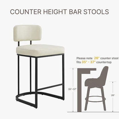 26" H Counter Height Bar Stools Set of 4, Modern Faux Leather Upholstered Barstools with Backrest for Kitchen Island, Black Metal Frames, Cream