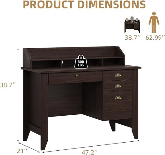 4 EVER WINNER Small Desk with Drawers, Office Desk with File Drawer and Monitor Stand, Writing Desk Study Table for Small Spaces, Espresso