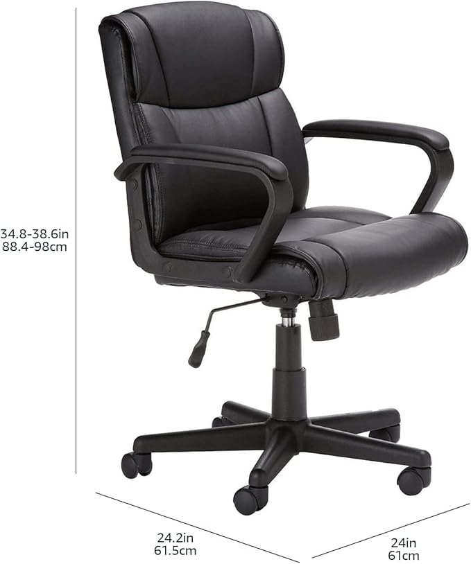 Amazon Basics Office Computer Task Desk Chair with Padded Armrests, Mid-Back, Adjustable, 360 Swivel, Rolling, 275 Pound Capacity, 24"D x 24.2"W x 34.8"H, BIFMA Certified, Dark Brown Faux Leather