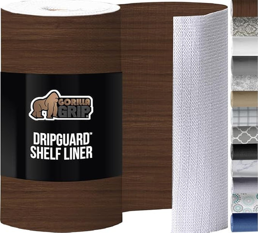 GORILLA GRIP DripGuard Shelf Liner, Non Adhesive Drawer and Kitchen Cabinet Protector, Slip Resistant BPA Free Smooth Surface Plastic Liners for Cabinets, Bathrooms, Closets, 17.5x120 Inch, Wood