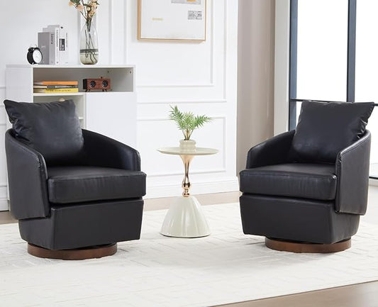 CIMOTA PU Leather Swivel Accent Chairs Set of 2, Modern Barrel Armchairs with 360° Swivel Base and Pillow, Upholstered Club Chairs for Living Room/Reading/Office, Black