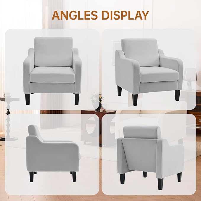 Accent Chair for Living Room, Modern Velvet Living Room Chairs with Wide Backrest, Upholstered Comfy Chair with Cushion, Oversized Sofa Chair with Wood, Single Armchair for Bedroom, Grey
