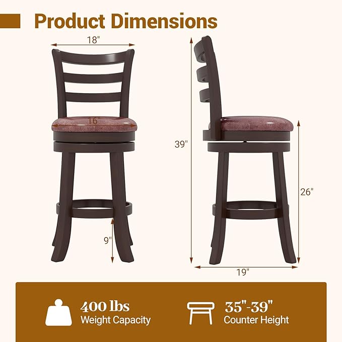 COSTWAY 26" Counter Height Stools Set of 2, Swivel High-Top Chairs with Backrest & Faux Leather Padded Seat, Rubber Wood Counter Barstools with Footrest for Kitchen, Dining Room, Pub (2,26'')