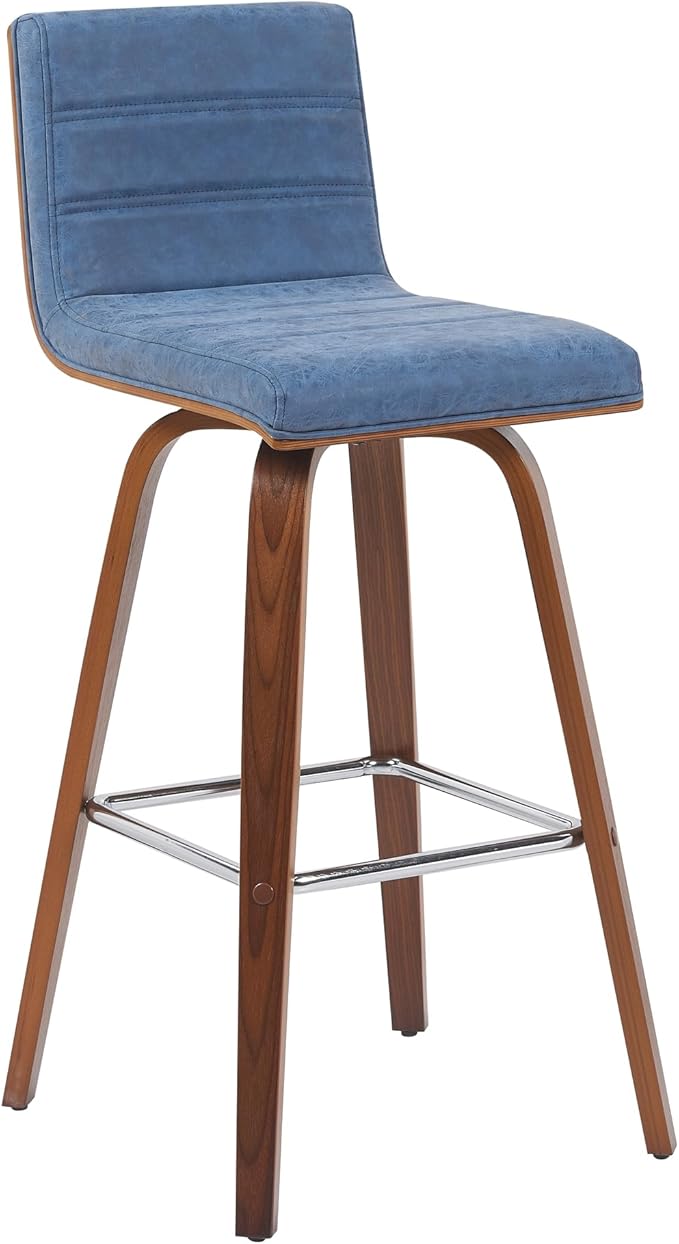 Vienna Modern Swivel Bar Height Stool with Vintage Blue Upholstered Seat and Walnut Finished Wood Frame Set of 2