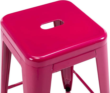 Vogue Furniture Direct 24 Inch Metal Bar Stools, Backless Counter Height Barstools, Indoor Outdoor Stackable Stools with Square Seat, Set of 2 (Hot Pink)