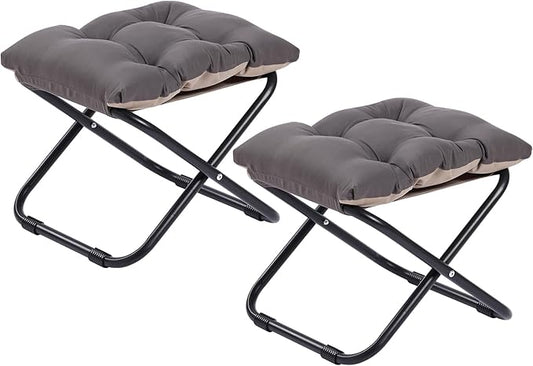LITA Folding Footrest Stool, Portable Ottoman Foot Rest, Upholstered Small Foldable Ottoman with Detachable Thick Cotton Cushion Padded Sofa Stool for Living Room, Bedroom, Dark Grey Set