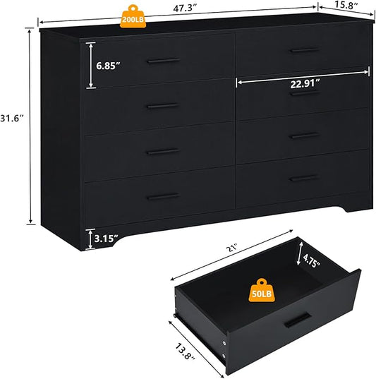 LIDYUK Black Dresser for Bedroom, 8 Drawer Dressers & Chests of Drawers, Modern Wood Dresser, 48 Inches Wide Chest of Drawers for Bedroom, Hallway, Living Room