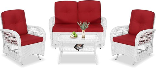 VIVIJASON 4-Piece Outdoor Patio White Wicker Conversation Sets, All Weather Rattan Furniture Set Includes Glider Loveseat, Coffee Table, 2 Glider Rocker Chairs w/Cushion for Lawn Balcony, Red