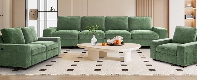 TEKAMON 128" Modular Sofa Couch with Seat Storage, Chenille Sofa，Modern Comfy 4-Seater Couch for Living Room, Office, Apart W/Deep Seat, Wide Armrest, USB, Pockets, Removable Covers (Green)