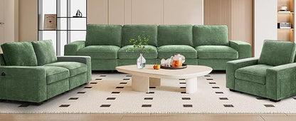 TEKAMON 128" Modular Sofa Couch with Seat Storage, Chenille Sofa，Modern Comfy 4-Seater Couch for Living Room, Office, Apart W/Deep Seat, Wide Armrest, USB, Pockets, Removable Covers (Green)
