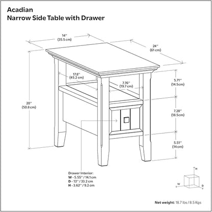 SIMPLIHOME Acadian 19-inch Wide Solid Wood End Table with Drawer and Open Shelf in Brunette Brown for Living Room, Bedroom, or Entryway