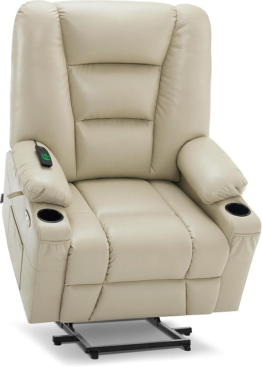 MCombo Oversized Power Lift Recliner Chair with Massage and Heat for Big and Tall Elderly People, Cup Holders, USB Ports, Side Pockets, Faux Leather R7541 (Beige, Large-Oversize)