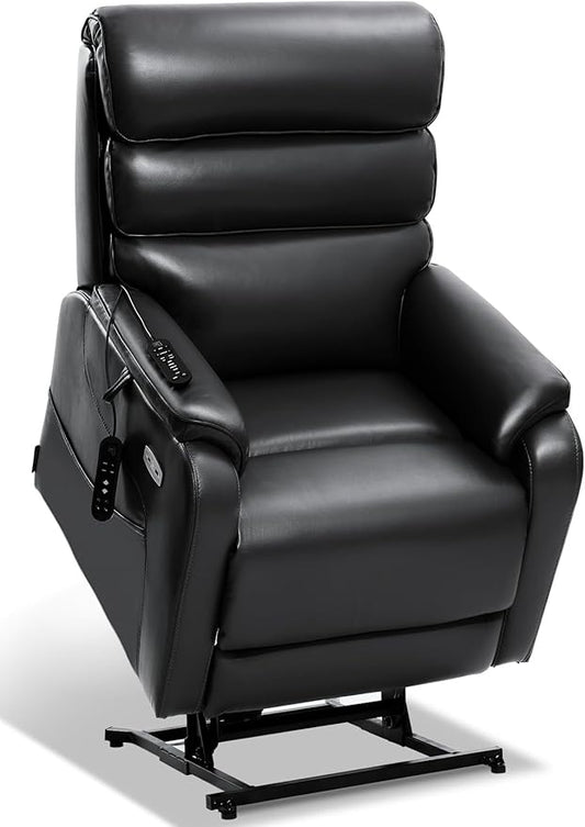 EONIX Dual Motor Lay Flat Power Lift Recliner Chair for Elderly, Faux Leather Electric Lift Chairs for Adults, 400lbs Heavy Duty Power Recliner with Heat Massage Charging Ports, SLRY003, Black