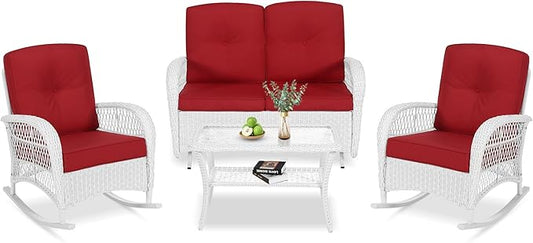 VIVIJASON 4-Piece Outdoor Patio White Wicker Conversation Sets, All Weather Outdoor Rattan Furniture Set Includes Glider Loveseat, Coffee Table, 2 Rocking Chairs with Cushions for Backyard, Red