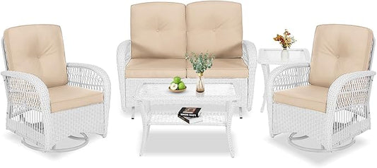 VIVIJASON 5-Piece Outdoor Patio White Wicker Conversation Sets, All Weather Outdoor Rattan Furniture Set Includes Glider Loveseat, 2 Coffee Table, 2 Swivel-Gliders Chairs with Cushions, Beige