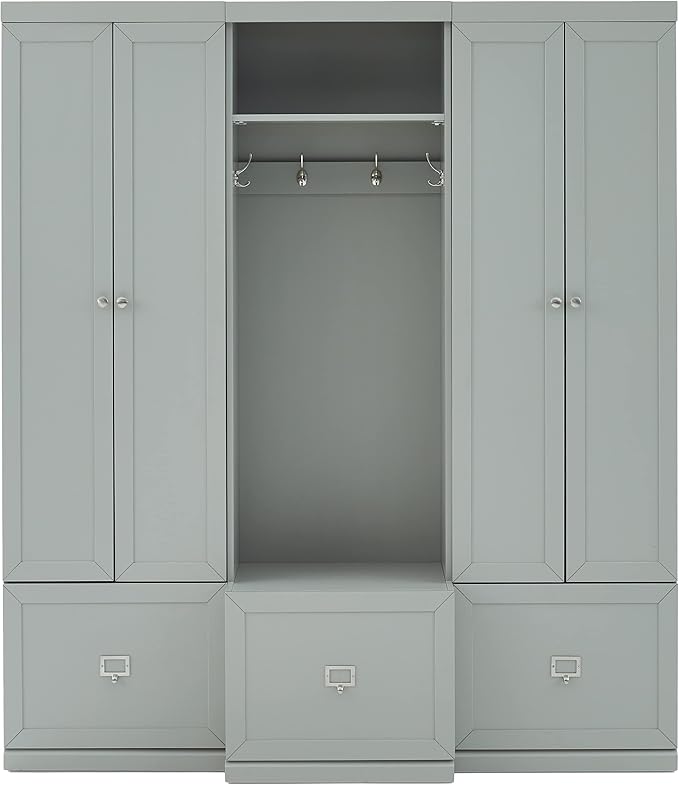 Crosley Furniture Harper 3-Piece Hall Tree and Storage Cabinet Set with Entryway Bench and Hooks for Hanging, Gray