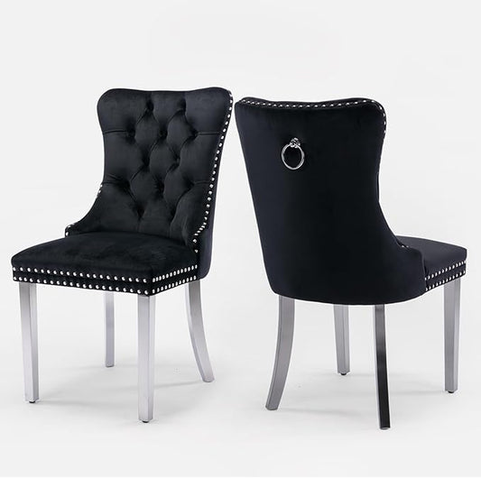Velvet Upholstered Dining Chairs Set of 2, Modern Style Kitchen Side Chairs with Nailhead Trim and Silver Plated Leg, Metal Pulling Ring for Dining Room Living Room(Black,Set of 2)