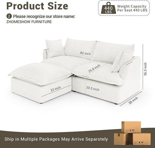 82” Modular Sectional Sofa, Comfy Down Fill Cloud Couch with Movable Ottoman, L Shaped Modular Small Couch with Washable Cover, Sectional Couches for Living Room Small Apartments, Cream White