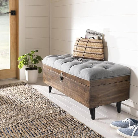 Safavieh Home Collection Liam Light Beige and Dark Oak Tufted Cocktail Ottoman