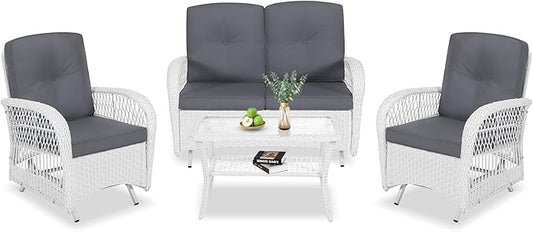VIVIJASON 4-Piece Outdoor Patio White Wicker Conversation Sets, All Weather Rattan Furniture Set Includes Glider Loveseat, Coffee Table, 2 Glider Rocker Chairs w/Cushion for Lawn Balcony, Grey