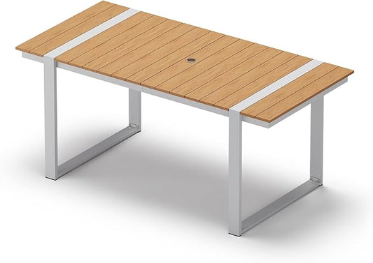 Outdoor Dining Table for 6, HDPS+ Aluminum Patio Dning Table with U-Shape Leg, Size: 67.4"*32.3"*29.6",Modern Rectangular Table for Lawn, Garden (White-Teak)