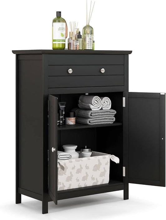 COSTWAY Bathroom Floor Cabinet, Wooden Side Storage Organizer w/Larger Drawer, Adjustable Shelf & 2-Door Cupboard, Freestanding Storage Cabinet for Living Room, Kitchen, Entryway (Black)