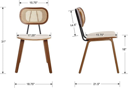 Mid-Century Dining Chairs Set of 6, PU Leather Kitchen Chairs with Rattan Backrest Wooden Legs Armless Design for Dining Room Living Room, Beige