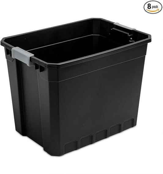 Sterilite 8-Pack Plastic Storage Bins with Lids, Stackable Containers, 27 Gallon, Black