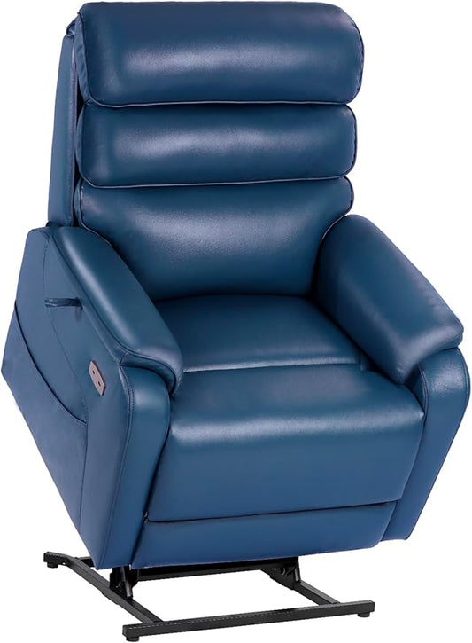 EONIX Wide Lay Flat Power Lift Recliner Chair for Elderly, Heavy Duty Oversized Faux Leather Lift Chairs with Heat and Massage and Charging Ports, Big and Tall Electric Recliner for Adults, Navy Blue