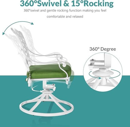 MEETWARM 9-Piece Outdoor Patio Dining Set, All-Weather Cast Aluminum Patio Conversation Set with 8 Cushioned Swivel Rocker Chairs for Backyard Garden Deck, 1 Oval Table, 2" Umbrella Hole, White