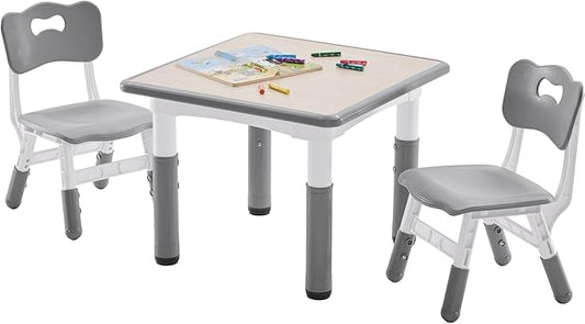 Kids Table and 2 Chairs Set, Height-Adjustable Toddler Table and Chairs Set with Graffiti Desktop, 23.6''L x 23.6''W Children Activity Table for Daycare, Classroom, Home, Grey-w