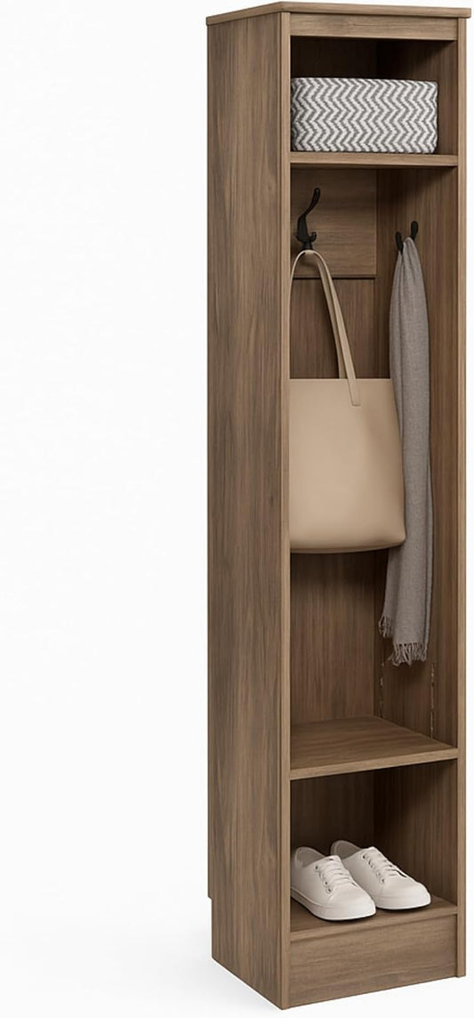Prepac Narrow Coat Rack Freestanding Hall Tree with 3 Hooks, Entryway Furniture for Coat and Shoe Storage, Entryway Organization with an Adjustable Shelf, 14.75"W x 72.5"H x 15.5"D, Drifted Gray