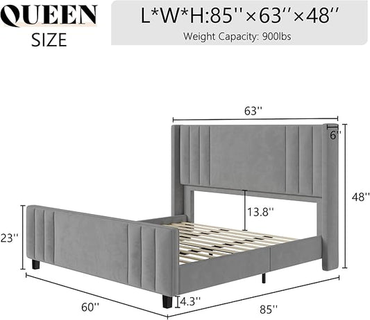 AMERLIFE Queen Size Bed Frame, Velvet Upholstered Platform Bed with Vertical Channel Tufted Headboard & Footboard/Wingback, Mattress Foundation with Wood Slats, No Box Spring Needed, Light Grey