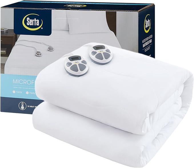 Serta Heated Mattress Pad King Size - Electric Mattress Pad, 10 Heat Setting Controller, Auto Shut Off Timer, Deep Elastic Pocket, Up to 17" Mattress, ETL Certified, Machine Wash, King, White
