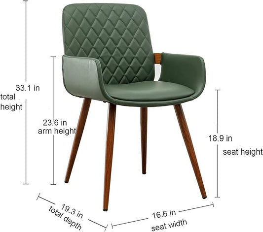 LUNLING Mid Century Modern Faux Leather Dining Chairs Set of 2, Green, Upholstered Seat, Metal Legs, Adjustable Foot for Kitchen Dining Room Desk Chairs
