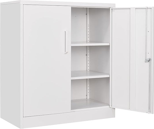 SISESOL 36 inch Storage Cabinet with Doors and Shelves,White Metal Storage Cabinet,Small Locking Metal Cabinets,Short Steel Counter Cabinets with Lock for Garage Home Office Pantry