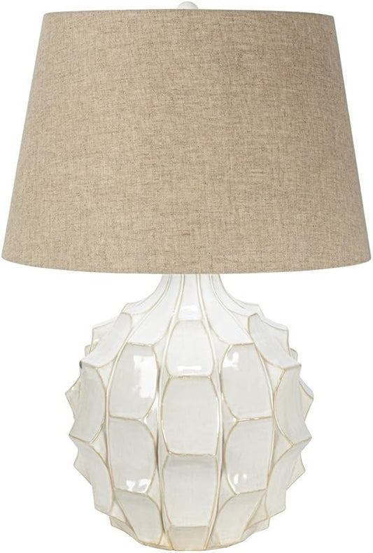 Possini Euro Design Cosgrove Mid Century Modern Table Lamp 26.5" High Ceramic White Glaze Light Brown Linen Drum Shade Decor for Living Room Bedroom House Bedside Nightstand Home (Color May Vary)