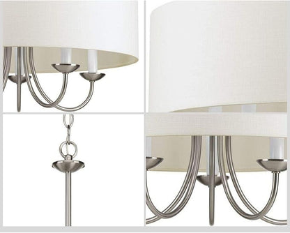 Progress Lighting Drum Shade Collection Five-Light Chandelier, Farmhouse Style Hanging Ceiling Light Fixture for Dining Rooms, Foyers, White Textured Linen Shade, Brushed Nickel