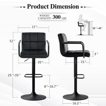 Furniliving Swivel Bar Stools Set of 4, Adjustable Kitchen Counter Height BarStools with Arms, Velvet Upholstered Bar Chair with Back and Footrest for Dining Room, Kitchen, Pub, Bar (Black)