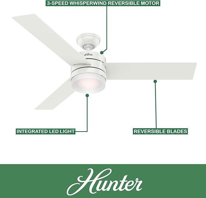 Hunter Fan 54 inch Contemporary Fresh White Indoor Ceiling Fan with Light Kit and Remote Control (Renewed)