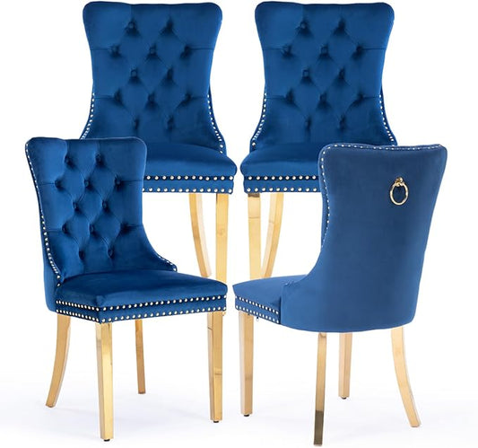 Velvet Upholstered Dining Chairs Set of 4, Modern Style Kitchen Side Chairs with Nailhead Trim and Gold Plated Leg, Metal Pulling Ring for Dining Room Living Room(Blue-Gold Plated Leg)